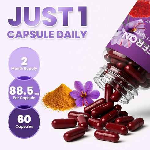ZuriVitaNex 88.5mg Immune 60 Saffron Supplement Capsules - Pure Saffron Extract for Mood Balance, Uplifted Mood, Vision