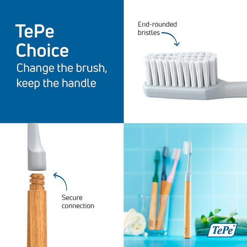 TEPE Choice Soft Toothbrush, Gray, Dental Toothbrush with 3 Replaceable Heads for Effective Teeth Cleaning