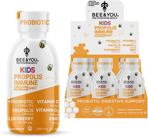BEE and You Kids Propolis Immune Day Time Shot - 1.69 Fl. oz, 12 Pack - Probiotic, Vitamin C, D3, Zinc for Immune