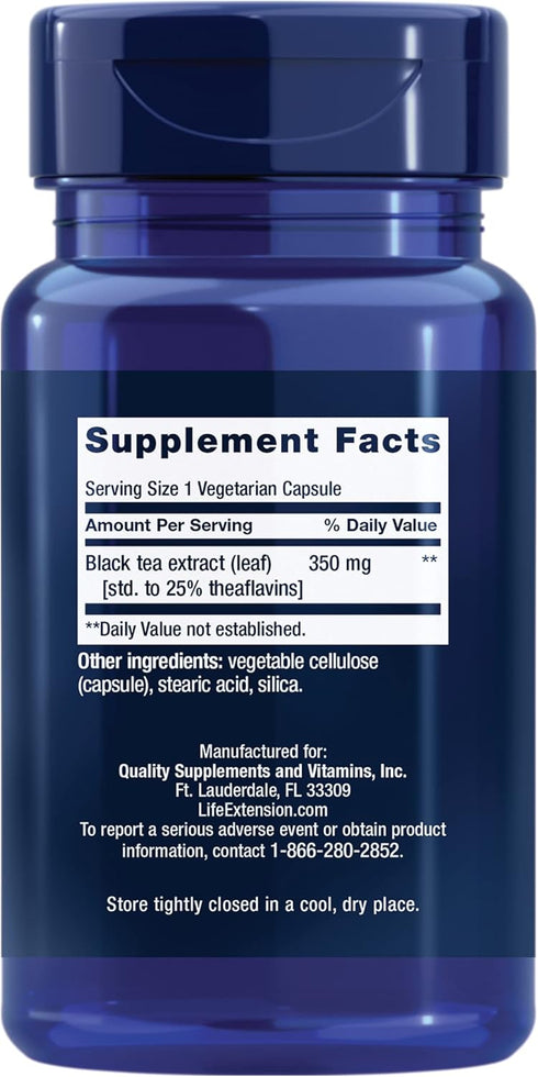 Life Extension Theaflavin Standardized Extract – Tea Leaf Flavonoids, Arterial Health Support, Helps Maintain Already-Heathy Cholesterol – Gluten-Free, Non-GMO, Vegetarian – 30 Capsules