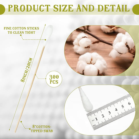 Zhehao 300 Pcs 8 Inch Cotton Swabs Large Cotton Swabs with Bamboo Handle Oversized Extra Long Cotton Tipped Applicators with Large 1/2" Diameter Swab Cotton Ear Swabs for Wound Cleaning, Makeup
