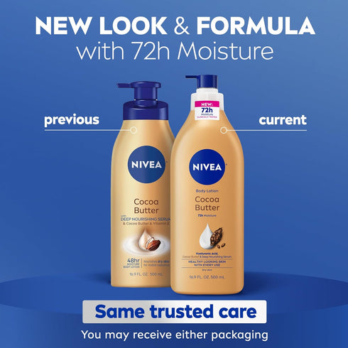 NIVEA Cocoa Butter Body Lotion for Dry Skin with Hyaluronic Acid, 72-Hour Moisturizer, 16.9 Fl Oz Pump Bottle
