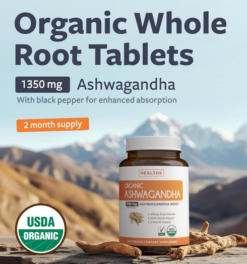 USDA Organic Ashwagandha Supplement, High Potency Pills with Black Pepper, Vegan, 2 Months Supply