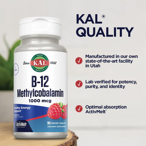 KAL Vitamin B12 Methylcobalamin 1000mcg, 90 Servings, Fast Dissolve ActivMelt, Natural Raspberry Flavor, Healthy