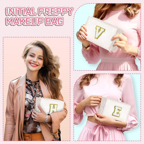 Initial Makeup Bag (White A) - Personalized Zippered PU Leather Waterproof Cosmetic Pouch for Women