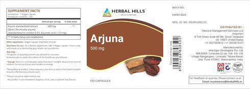 HERBAL HILLS Arjuna Capsules (Terminalia Arjuna) | 120 Count (500 mg) | Wellness and Health Supplements