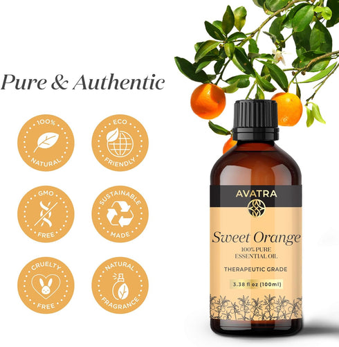 Avatra Orange Essential Oil for Diffuser, Skin, Aromatherapy | Natural & Undiluted | 3.38 Fl Oz with Glass Dropper