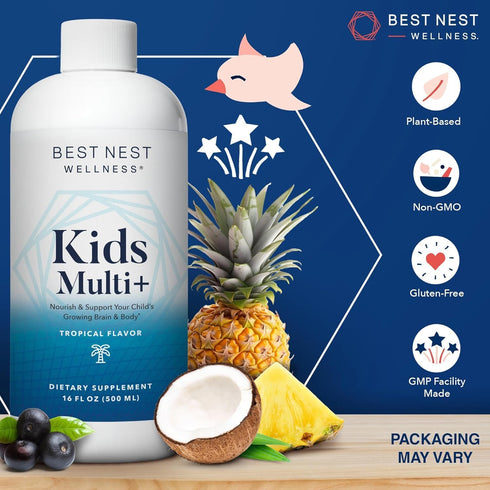 Best Nest Wellness Kids Liquid Multivitamin, Vegan, Gluten-Free, Tropical Flavor, 16oz with Brain Support