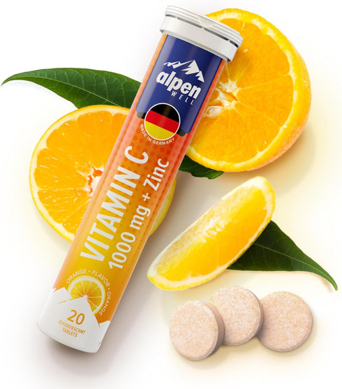AlpenWell Vitamin C - 1000mg + Zinc - Immune Support - Effervescent Vitamin Drink Tablet, No Sugar + Low Calorie Supplement, Orange Flavor