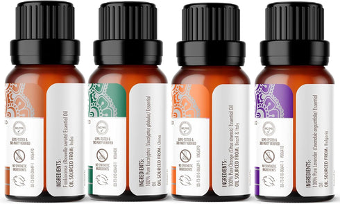 Set (Pack 4 0.5 Oz) GuruNanda Essential Oils of x Fl - Pure, Natural Frankincense, Lavender, Eucalyptus & Orange