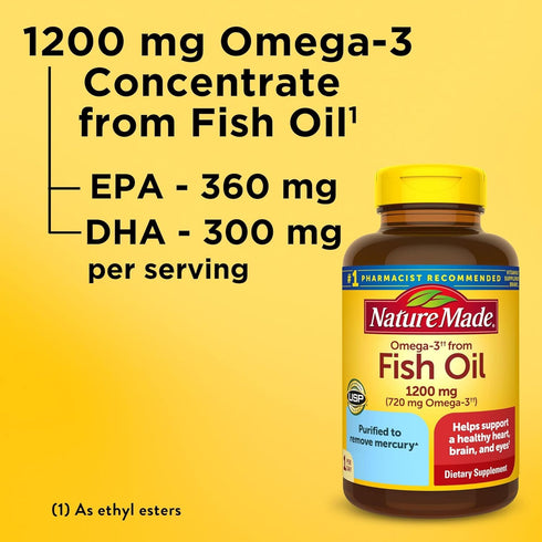 Nature Made Fish Oil Omega 3 Supplements - 1200 mg Softgels for Healthy Heart, Brain, Eye Support, 100 Softgels