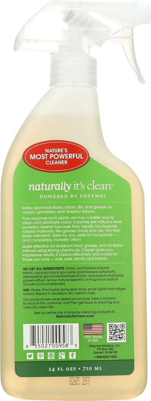 Naturally It's Clean Carpet Stains & Odors Cleaner; Plant Based Enzymes Destroy Set In Stains, Breaks Down Stubborn Food&Pet Stains, Grease & Ink on Rugs/Upholstery/Drapery; Pet&Child Safe, 24oz Spray