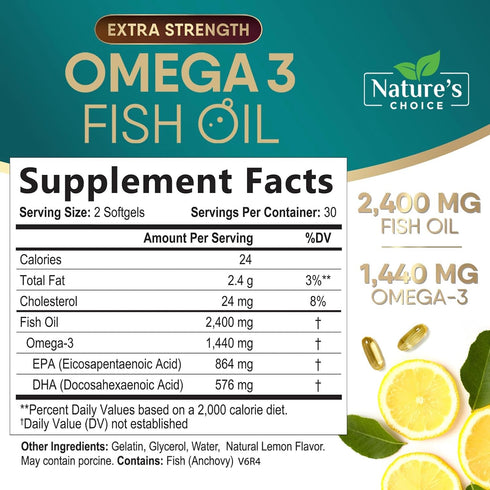 Triple Strength Omega 3 Fish Oil 2400 mg Supplement, Nature's Omega-3 Supplements, Brain & Heart Health Support - EPA & DHA, Fish Oil in Each Softgel, Fatty Acids Fish Oil Supplement - 60 Softgels
