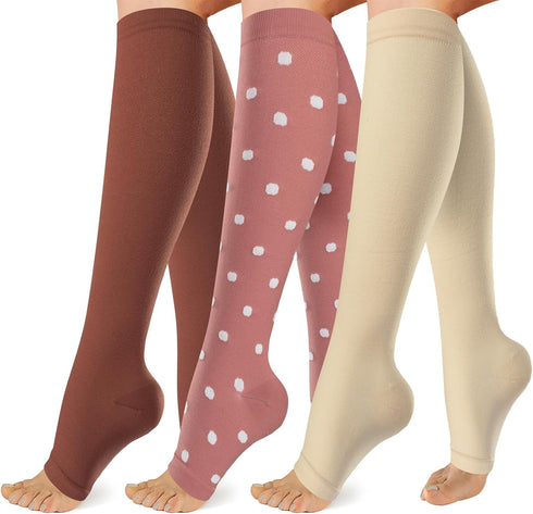 OUIVIAL 3 Pack Copper Compression Socks for Women&Men 20-30mmHg Open Toe Knee High