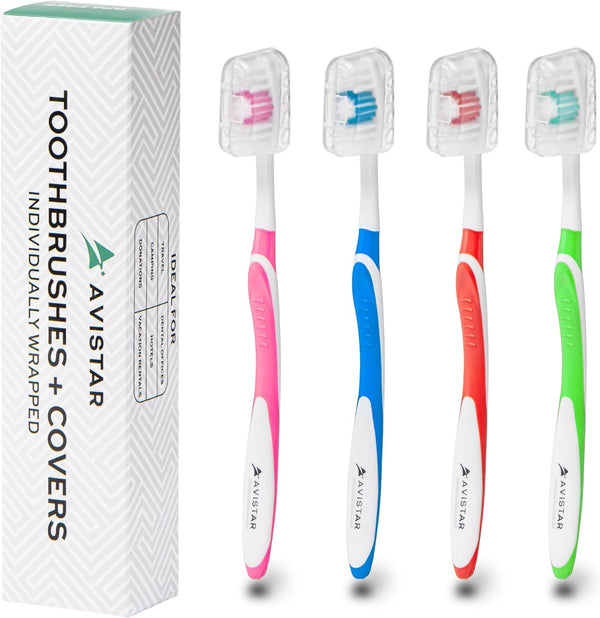 4 Pack Toothbrushes for Adults, Individually Wrapped Medium Bristle with Covers, Multi-Color Pack