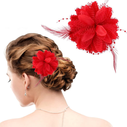 Sibba Flower Hats Clips Hairpin Barrettes Rose Hair Dress Accessories Valentines Day Easter Headwear Headpiece Accessory Pin Floral Feather Women Girls Dresses For Travel Wedding Prom Party (Red)