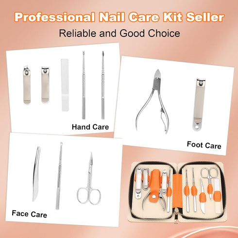 Professional Manicure Set, 10-in-1 High-Grade Nail Cutter and Clippers with Leather Travel Case
