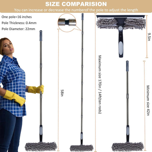 20+ Feet Reach 2 in 1 Window Washing Squeegee & Duster with 3-14 ft Splicable Extension Pole for Indoor & Outdoor