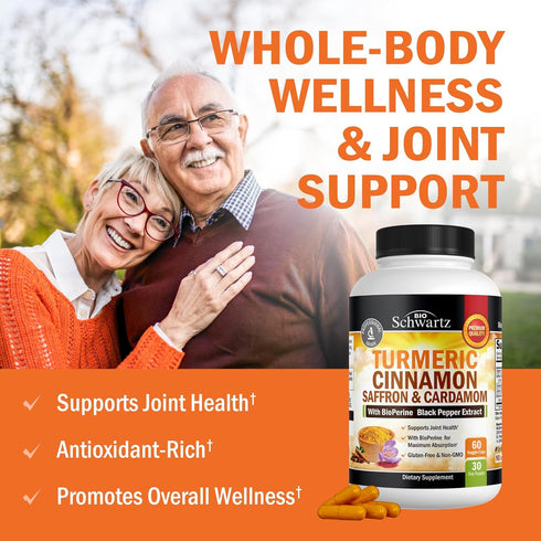 Turmeric Supplement with Saffron, Cinnamon & Cardamom - 60 Capsules, Natural Tumeric Curcumin Joint Support Supplement