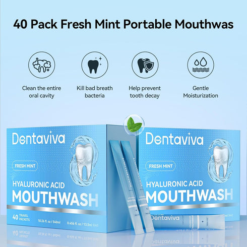 Hyaluronic Acid Mouthwash, Alcohol-Free Oral Rinse for Fresh Breath, Healthy Gums, 40 Travel Packs, Fresh Mint