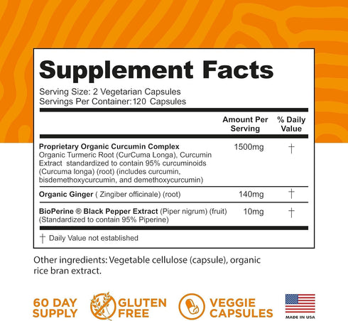 Turmeric Curcumin with BioPerine - 240 Vegetarian Capsules - Black Pepper and Ginger for Advanced Absorption, Joints