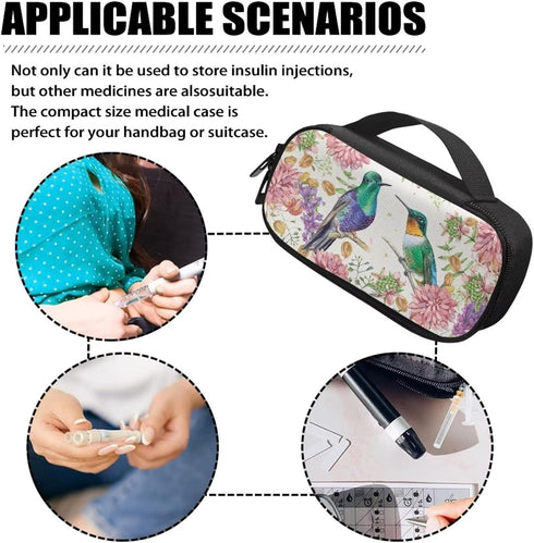Hummingbird Flowers Insulin Pen Cooler Case, Easy to Use Diabetic Supplies Organizer for Needles and Tester Strips