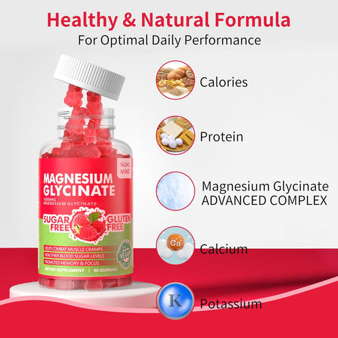 90 CT Magnesium Glycinate Gummies 1000mg - Sugar Free Magnesium Potassium Supplement with Vitamin D, B6, CoQ10 for Calm Mood & Sleep Support - 90 Raspberry Gummies.