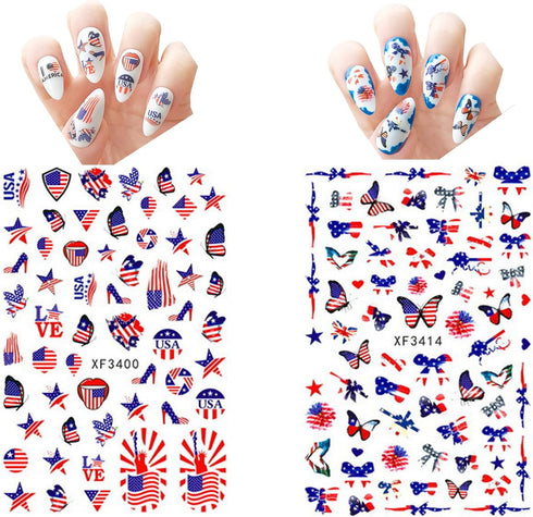4th of July Nail Art Stickers, American Independence Day Design with Lips Flag Hearts Flame Shape for Women Girls