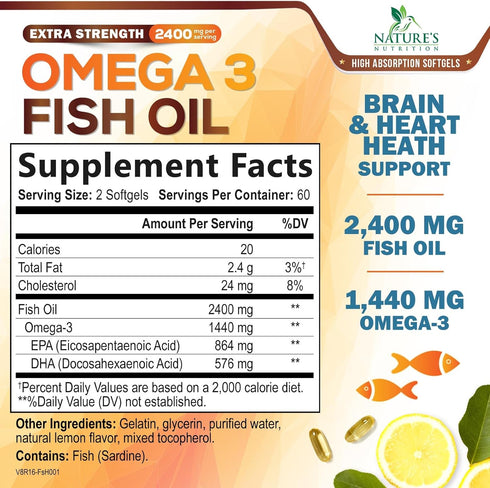 Omega 3 Fish Oil - 2400 mg, Triple Strength Omega3, EPA & DHA Fatty Acids, Natural Support for Immune, Heart & Brain