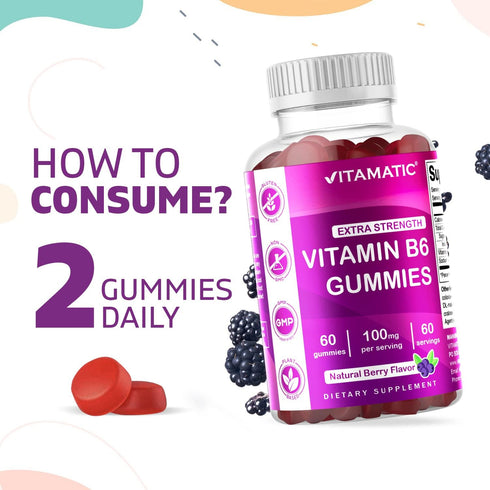 Vitamatic 2 Packs Vitamin B6 100mg - 60 Pectin Based Gummies - Berry Flavor - Nervous System Support