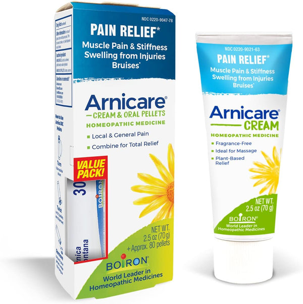 Boiron Arnicare Cream and Arnica 30c Value Pack - Pain Relief for Muscle Soreness & Swelling - 2.5 oz + 80 Pellets