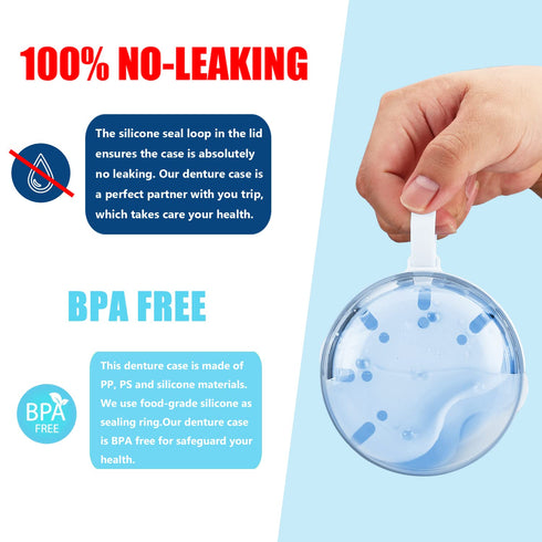 Denture Case with Brush & Portable Toothbrush Box, 100% No-Leak Retainer Box Set for Traveling, Blue