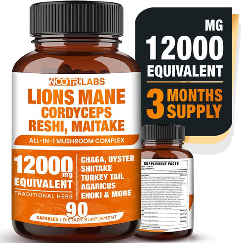 Mushroom Complex 12000mg Capsules - Lions Mane, Cordyceps, Reishi, Maitake for Brain Boost, Memory, Energy, and Immune