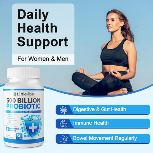 Probiotic 300 Billion CFU - 12 Strains with Organic Prebiotics for Digestive & Gut, Immune, Bloating Health - 60 Counts