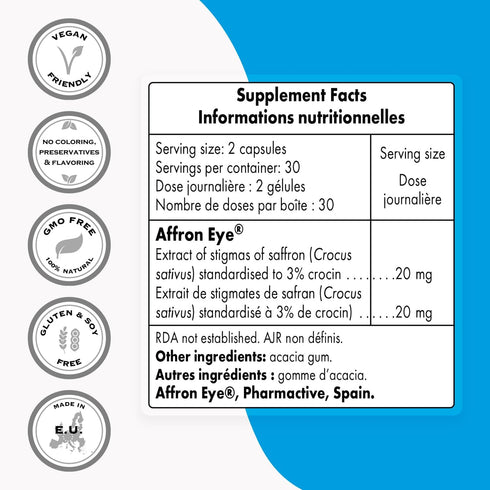 Supersmart - Affron Eye 20mg Saffron Supplement, 3% Crocin, Eye Vitamins, Macular Support, 60 Vegetarian Capsules
