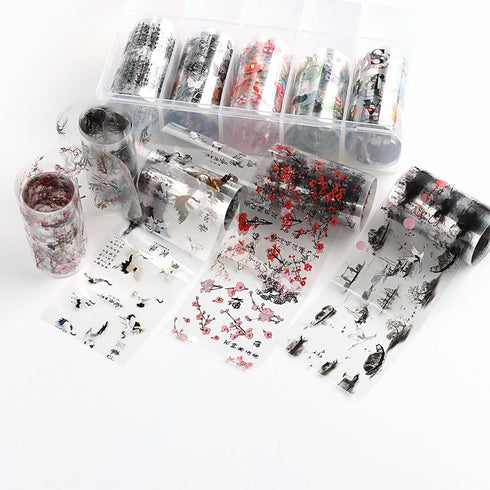 10 Rolls Traditional Chinese Style Nail Foil Transfer Stickers, Ink Painting Characters for Nail Art Decorations