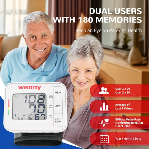 Portable Blood Pressure Monitor Wrist, Adjustable Cuff 5.3-8.5in, Large LCD, Home Use with Carrying Case