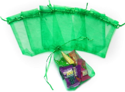 100Pcs 3x4 Inch Green Organza Bags with Drawstring, Small Mesh Jewelry Gift Pouches, Baby Shower Party Favor Bags