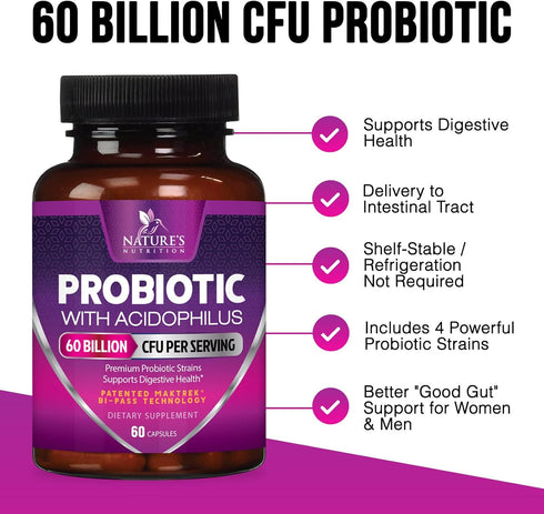 Probiotics, 60 Billion CFU per Serving, with Prebiotics for Digestive & Immune Health Support, 60 Capsules