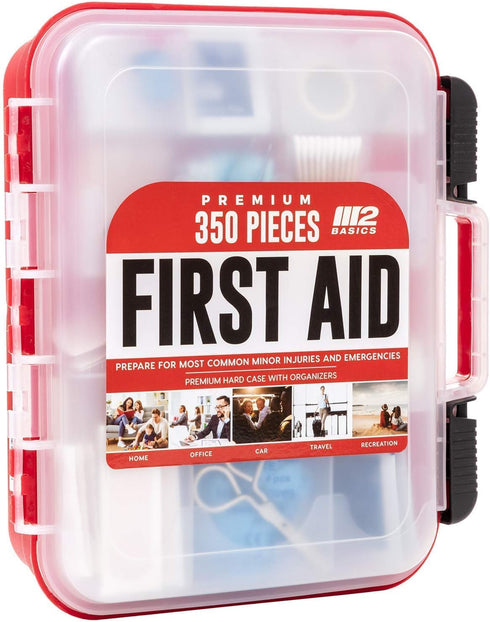 M2 BASICS 350 Piece Professional Emergency First Aid Kit | Hard Case, Dual Layer, Wall Mountable for Home, Office,