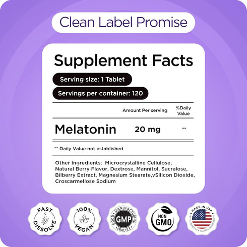 Balancebreens 20mg Melatonin Fast Dissolve Tablets - High Potency Sleep Support, Non-Groggy, Drug-Free Formula, 120