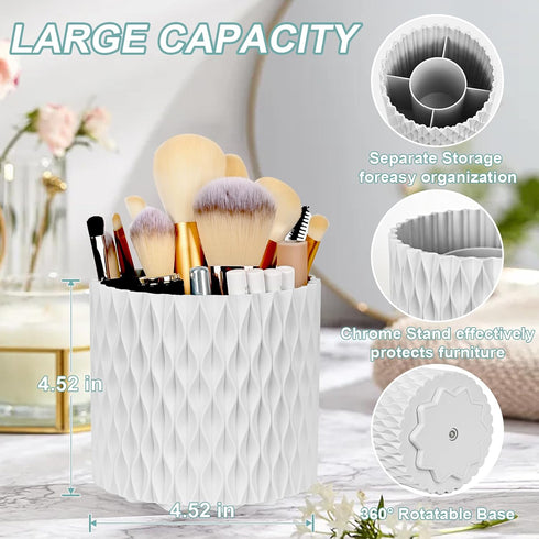 WAFJAMF Makeup Brush Holder, 360 Rotating Storage Cup for Vanity, Bathroom Countertop, 5 Slot Container - Pearl White