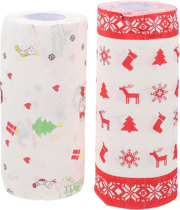 BESTonZON Christmas Kitchen Paper Hand Towels, 2 Rolls, Kitchen Paper Rolls for Oil Cleaning, Christmas Paper Towels