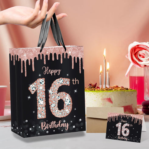 SUNDECO 16 16th Sweet Birthday Gift Bag - Large Rose Gold and Black Party Decorations with Tissue Paper, Birthday Card