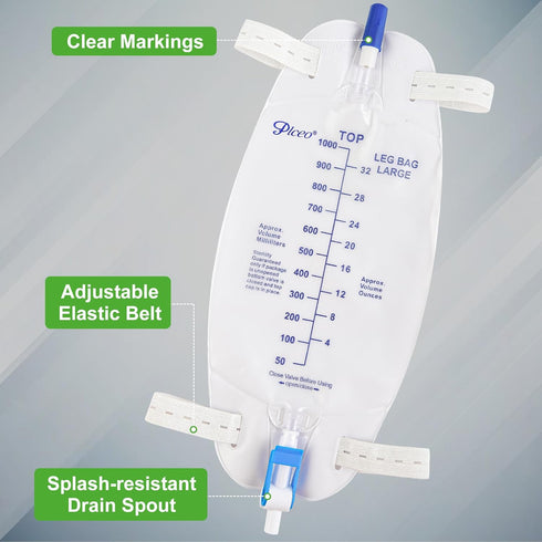 Easy-Tap Leg Bag Urinary Drainage Bag, 1000ml, Anti-Reflux Valve, Cloth Straps, Easy Flip Drain, Pack of 3