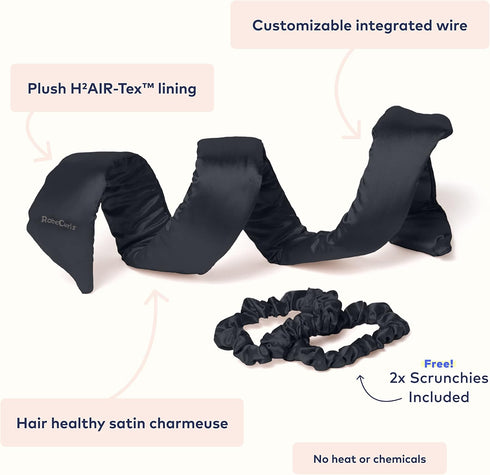 RobeCurls Heatless Hair Curler Set - Satin Curling Headband for Natural No-Heat Curls, Black with 2 Scrunchies