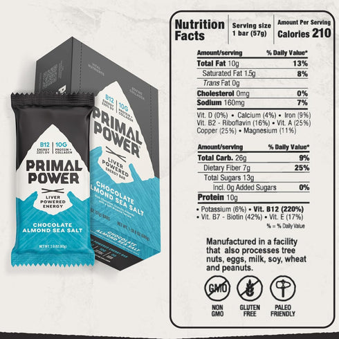 Primal Power Liver Powered Nutrition Bars, 10g Protein, B12 Energy Boost, Gluten Free, Pack of 12