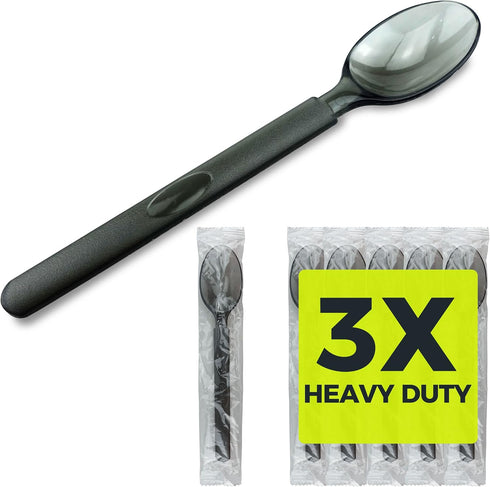3X Heavy Duty Plastic Spoons Individually Wrapped, 100 Pack Black Disposable Spoons Bulk for Event Catering