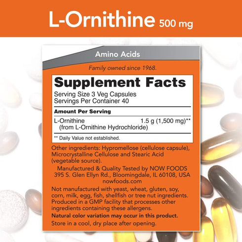 NOW Supplements, L-Ornithine (L-Ornithine Hydrochloride) 500 mg, Amino Acid, 120 Veg Capsules