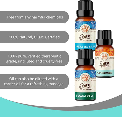 GuruNanda Breathe Essential Oil Set (Pack of 3 x 0.34 Fl Oz) - 100% Pure & Natural Diffuser Oils for Aromatherapy